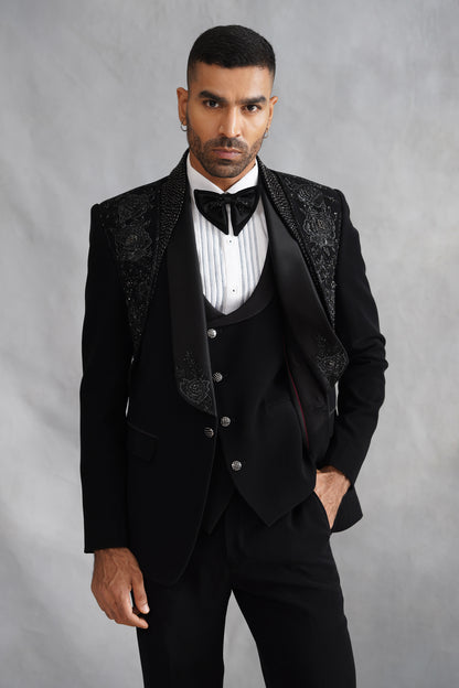 Black Hand Embroidered Tuxedo on Italian Fabric
