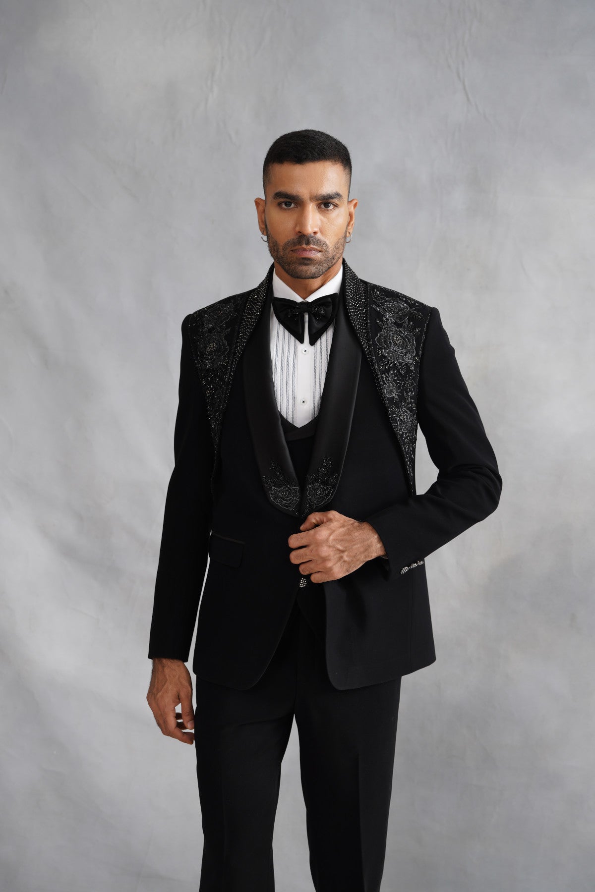 Black Tuxedo with Tone-on-Tone Floral Embroidered Lapel