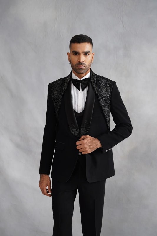 Black Tuxedo with Tone-on-Tone Floral Embroidered Lapel