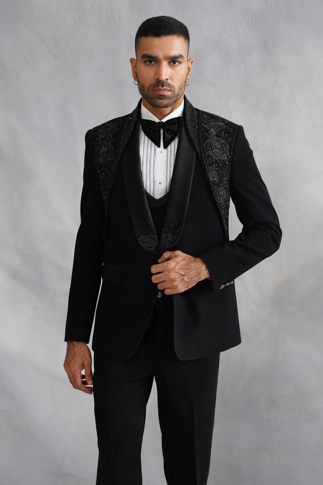 Black Hand Embroidered Tuxedo on Italian Fabric