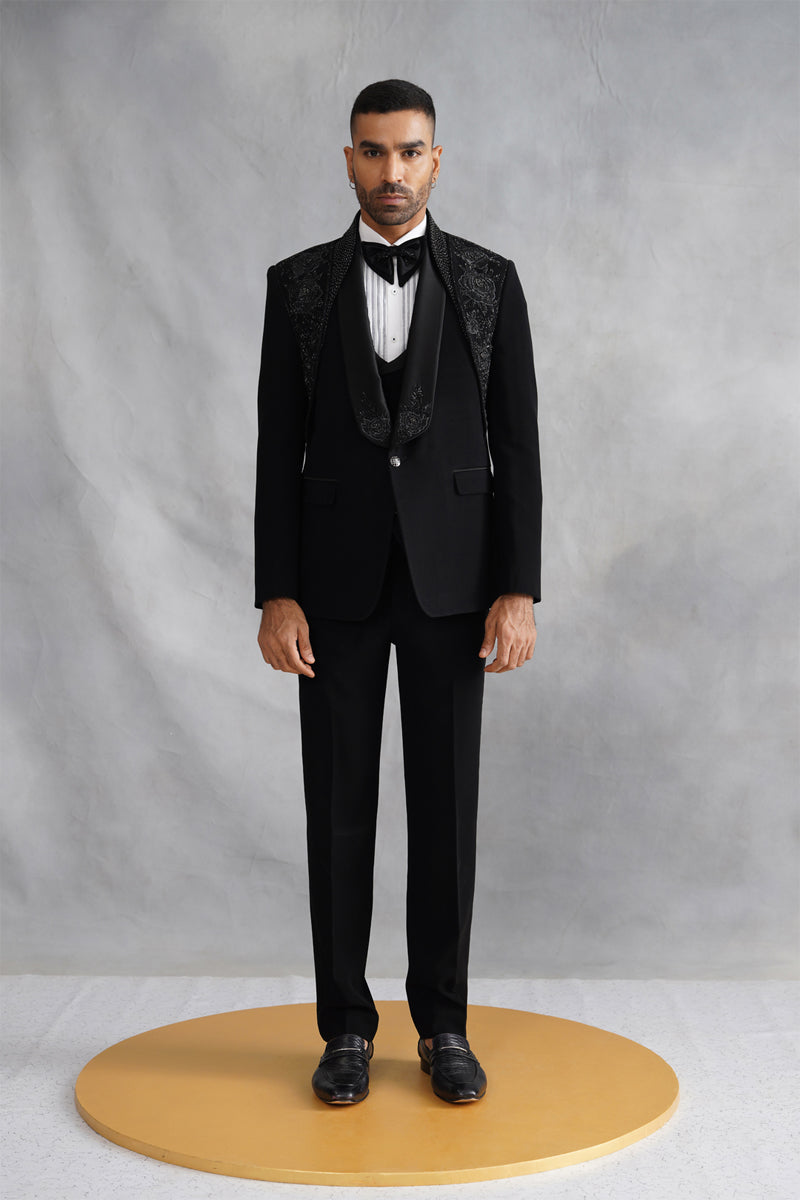 Black Tuxedo with Tone-on-Tone Floral Embroidered Lapel