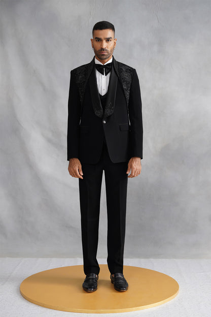 Black Tuxedo with Tone-on-Tone Floral Embroidered Lapel