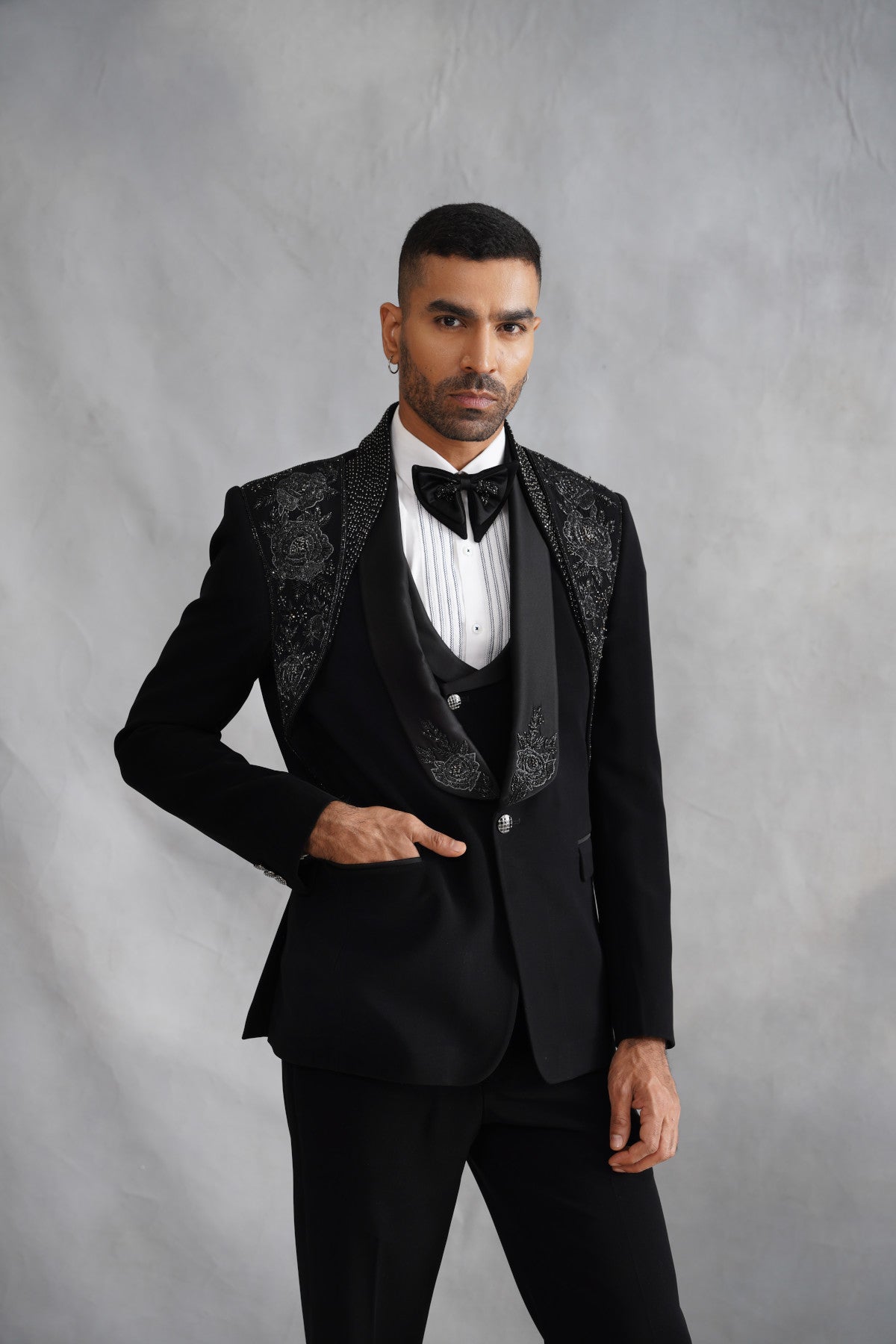 Black Tuxedo with Tone-on-Tone Floral Embroidered Lapel