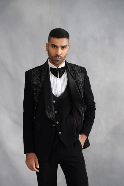 Black Tuxedo with Tone-on-Tone Floral Embroidered Lapel