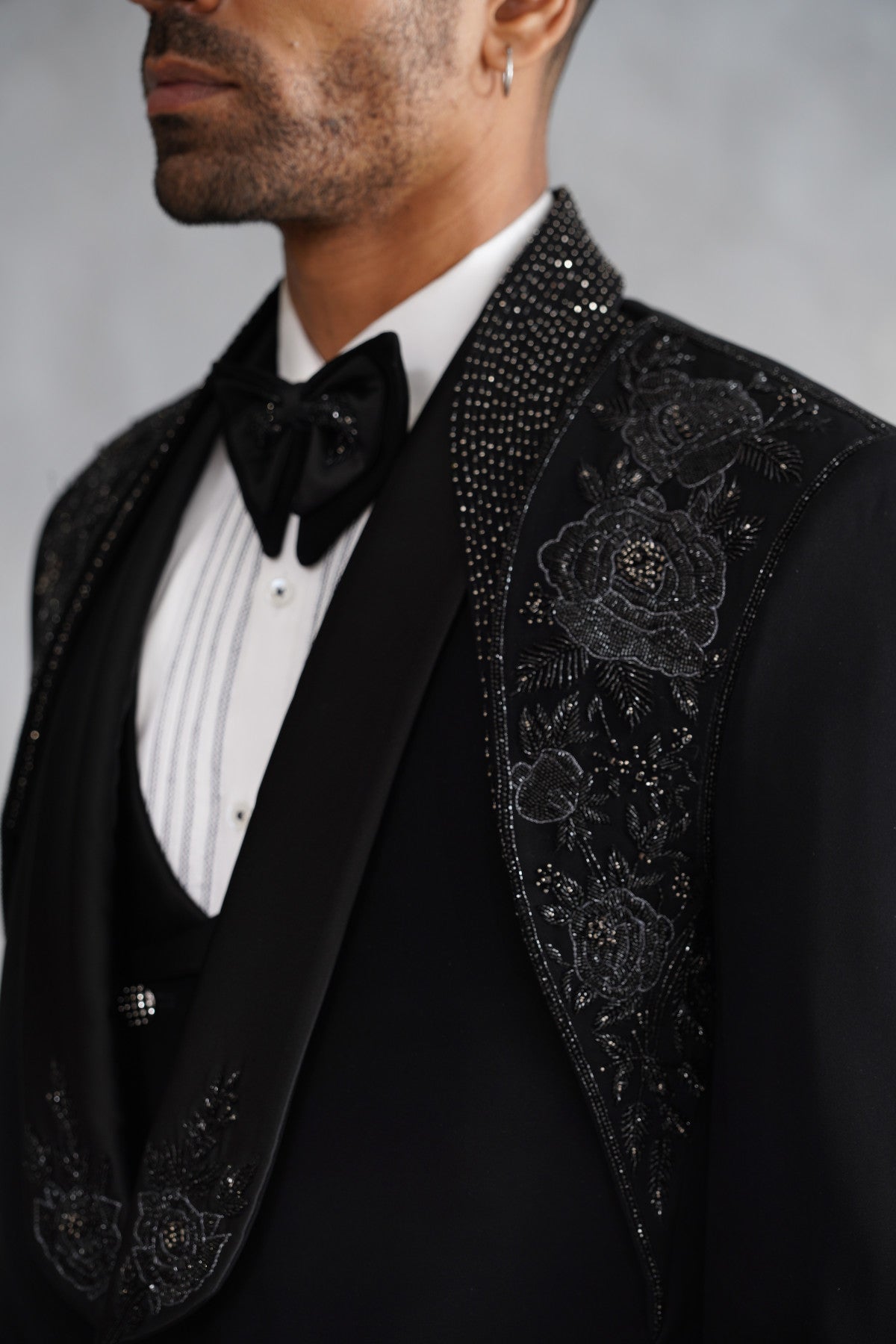 Black Tuxedo with Tone-on-Tone Floral Embroidered Lapel