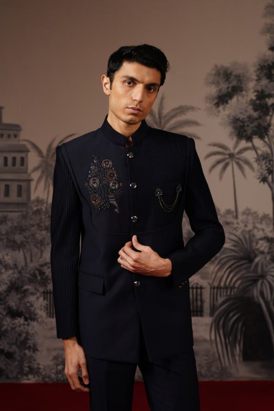 Navy Blue Bandhgala Suit With Pleated Sleeves And Hand Embroidered Motif