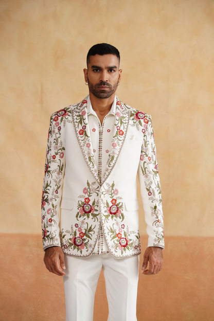 Ivory Tuxedo suit with Botanical Floral Embroidery