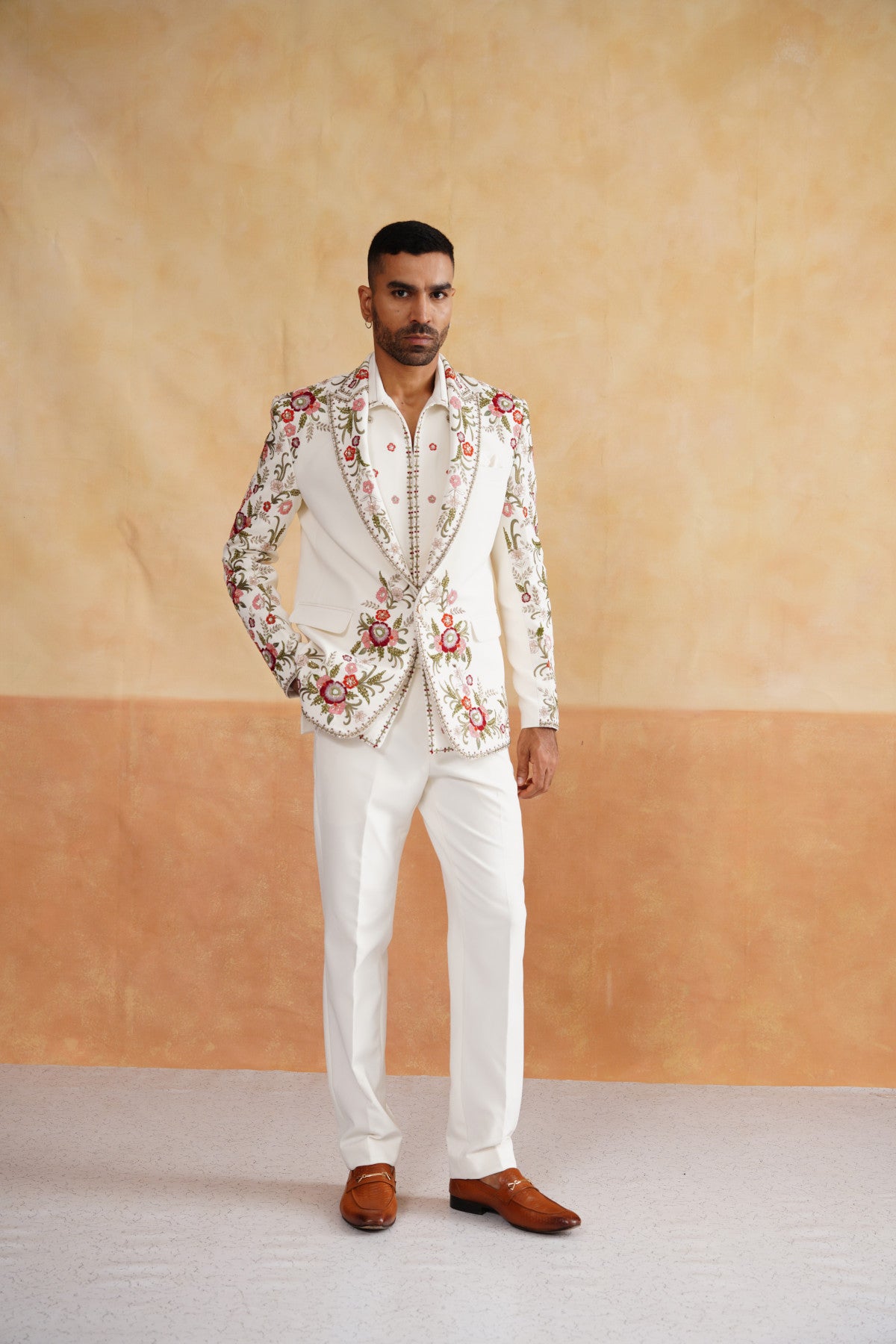 Ivory Tuxedo suit with Botanical Floral Embroidery