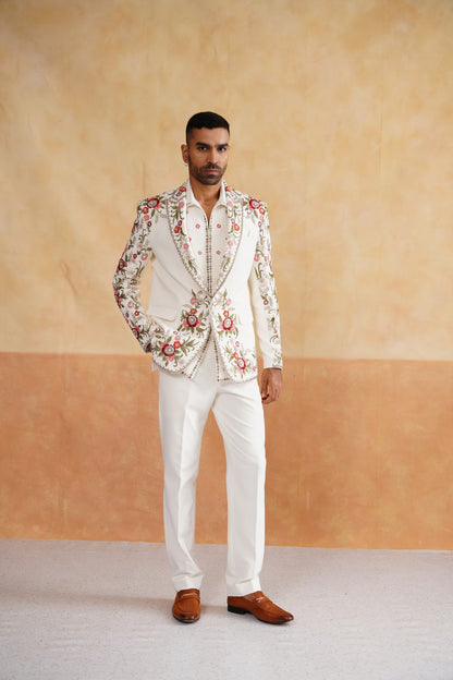 Ivory Tuxedo suit with Botanical Floral Embroidery
