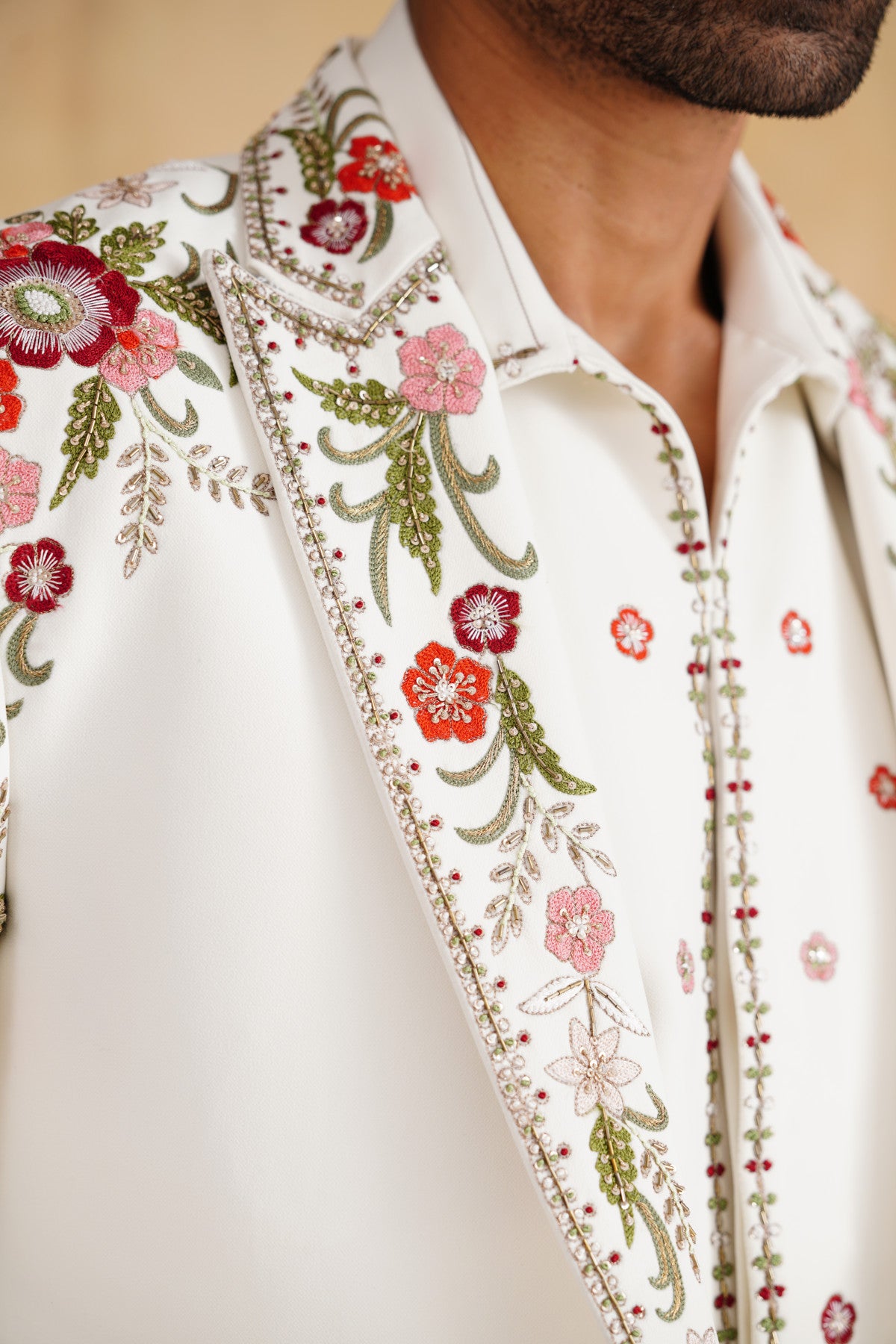 Ivory Tuxedo suit with Botanical Floral Embroidery