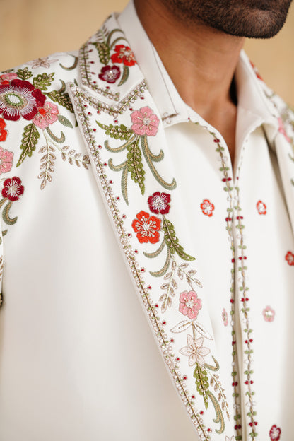 Ivory Tuxedo suit with Botanical Floral Embroidery