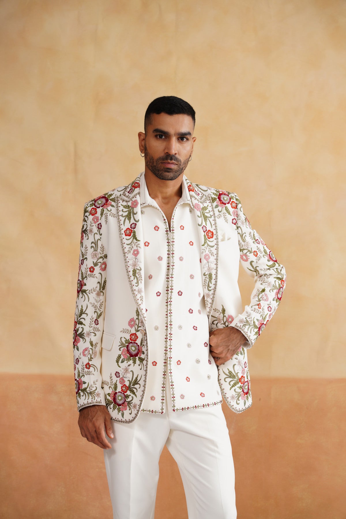 Ivory Tuxedo suit with Botanical Floral Embroidery