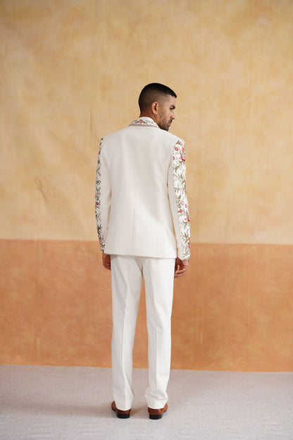 Ivory Tuxedo suit with Botanical Floral Embroidery