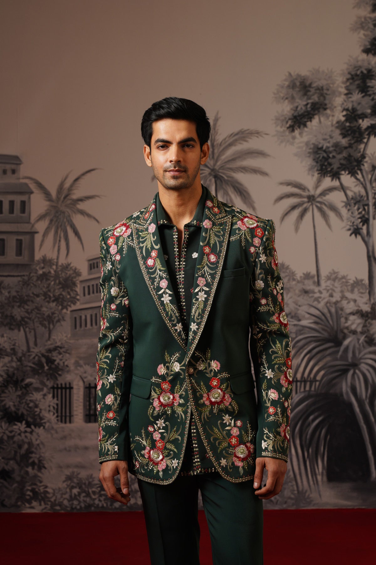Dark Green Designer Jacket Set With Scattered Floral Motifs
