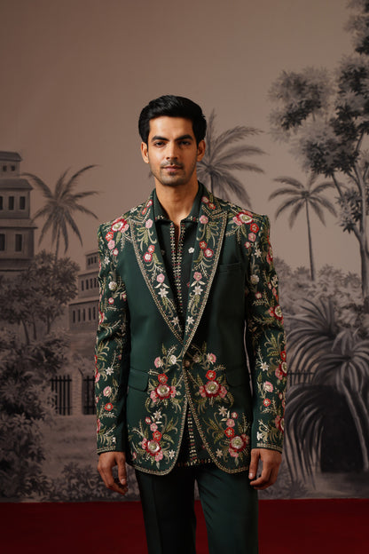 Dark Green Designer Jacket Set With Scattered Floral Motifs