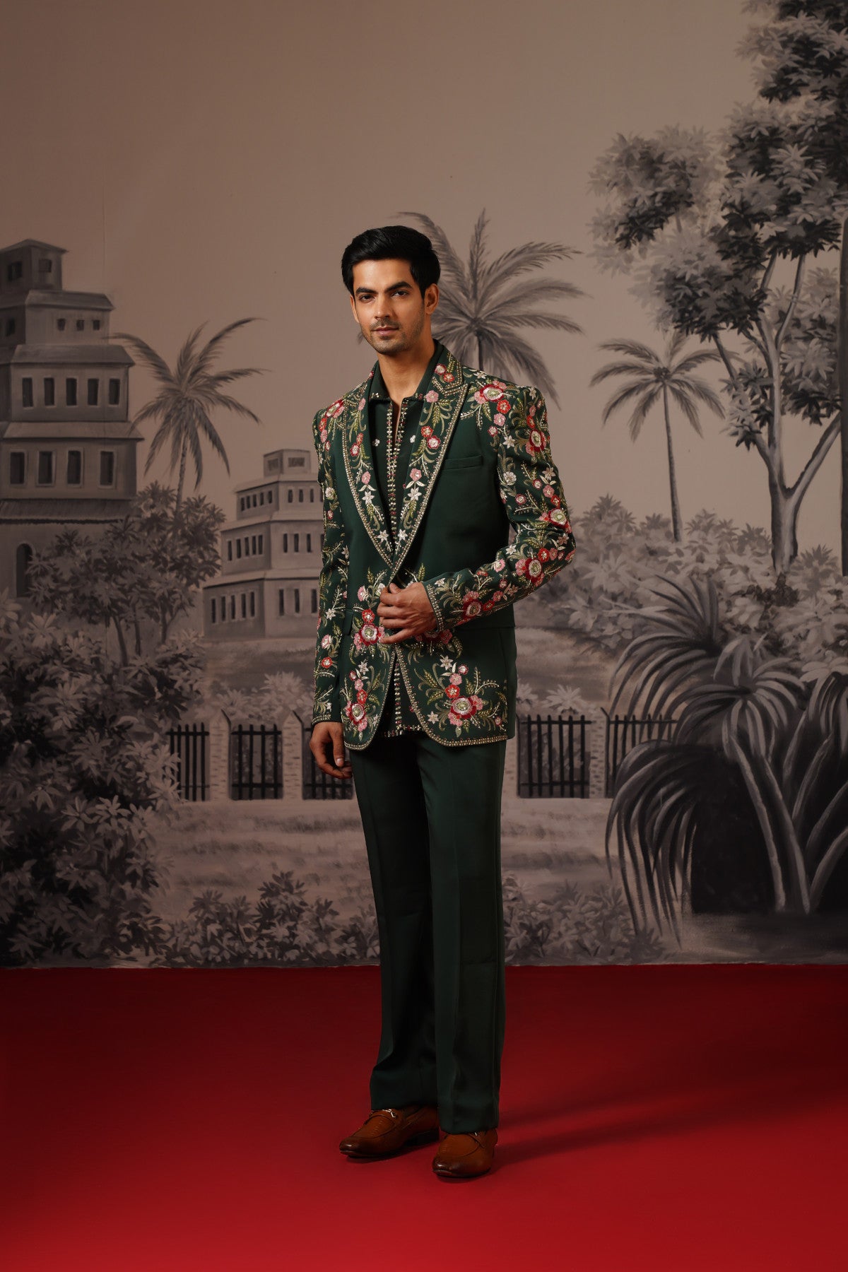 Dark Green Designer Jacket Set With Scattered Floral Motifs