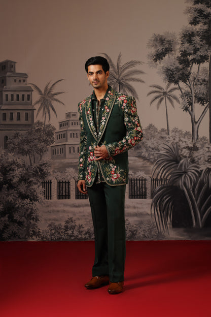 Dark Green Designer Jacket Set With Scattered Floral Motifs