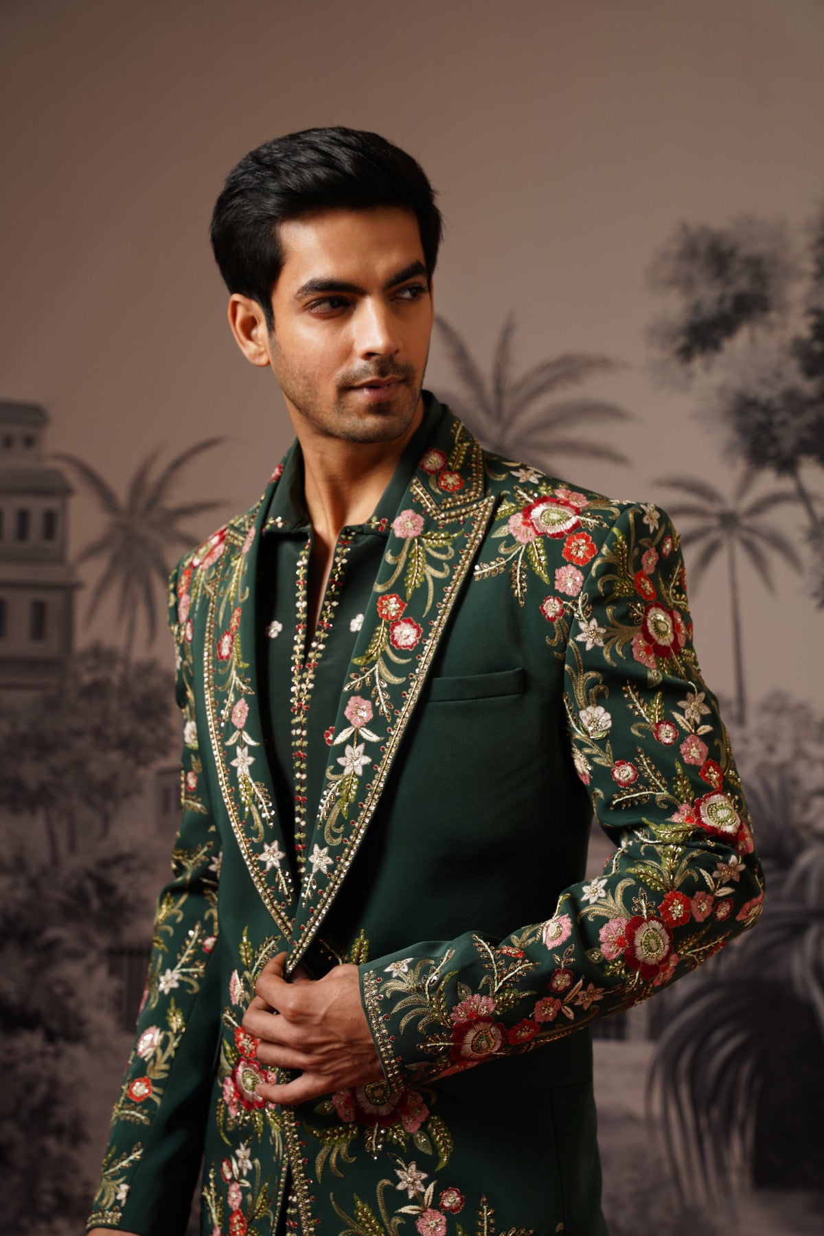 Dark Green Designer Jacket Set With Scattered Floral Motifs