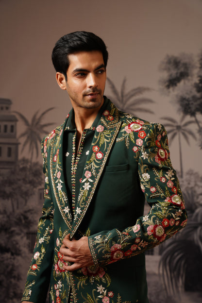 Dark Green Designer Jacket Set With Scattered Floral Motifs
