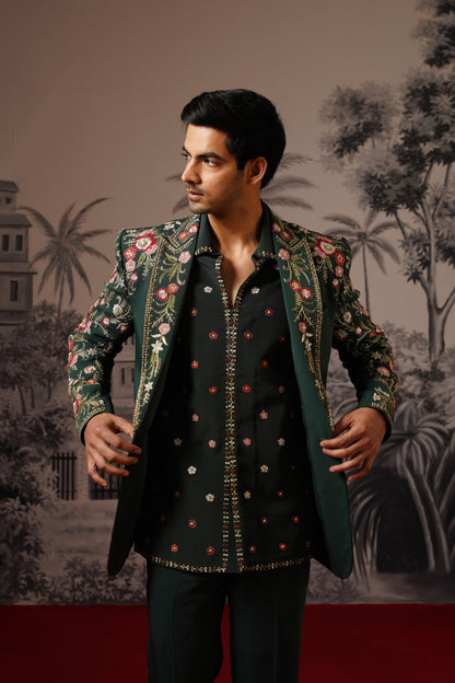 Dark Green Designer Jacket Set With Scattered Floral Motifs