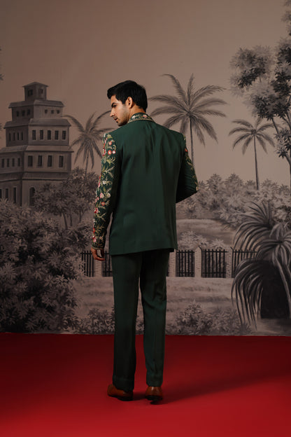 Dark Green Designer Jacket Set With Scattered Floral Motifs