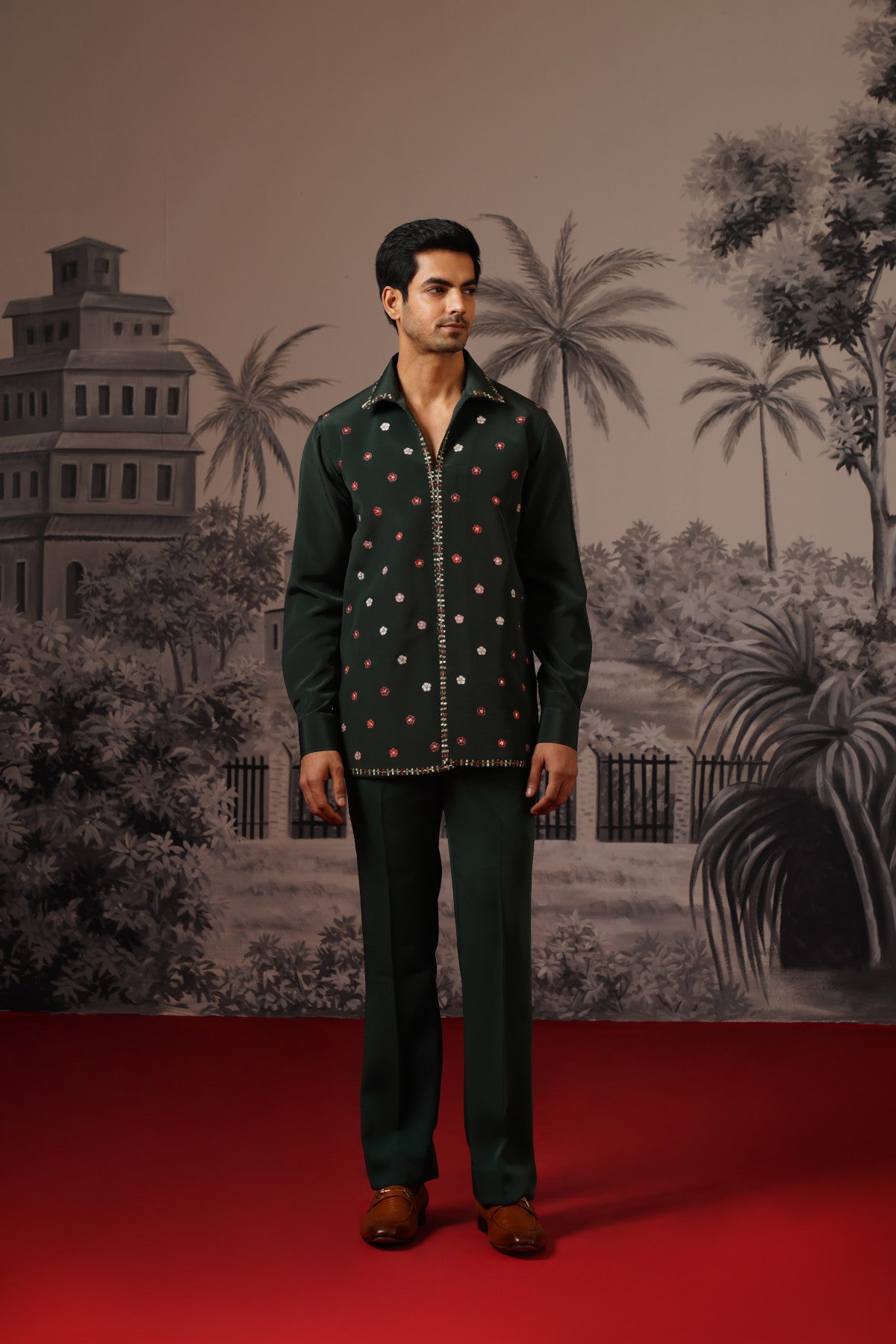 Dark Green Designer Jacket Set With Scattered Floral Motifs