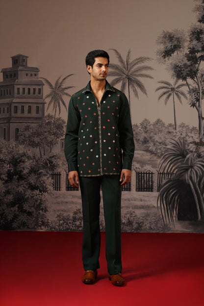 Dark Green Designer Jacket Set With Scattered Floral Motifs