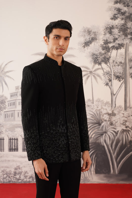 Black Bandhgala Suit With Cascading Linear Beadwork & Floral Hem