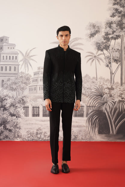 Black Bandhgala Suit With Cascading Linear Beadwork & Floral Hem