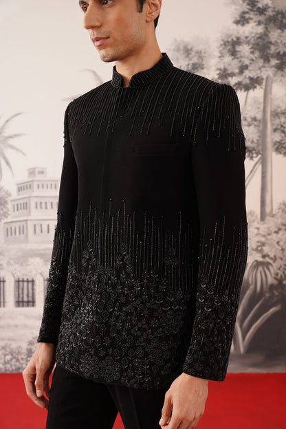 Black Bandhgala Suit With Cascading Linear Beadwork & Floral Hem