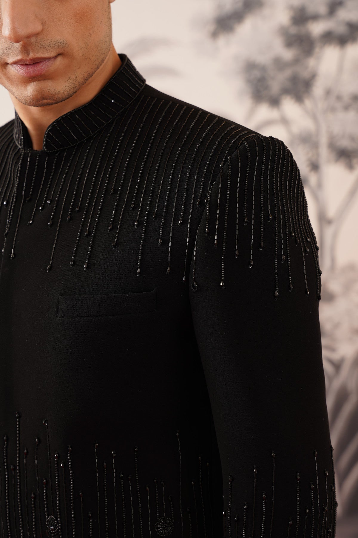 Black Bandhgala Suit With Cascading Linear Beadwork & Floral Hem
