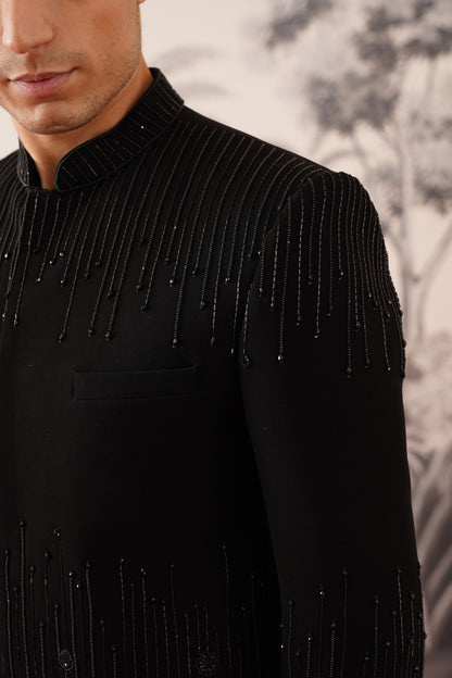 Black Bandhgala Suit With Cascading Linear Beadwork & Floral Hem