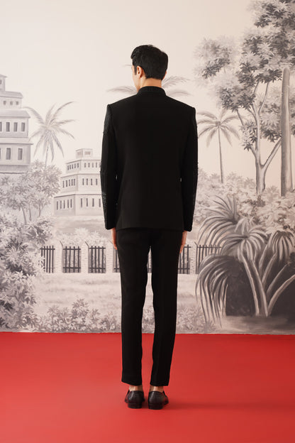 Black Bandhgala Suit With Cascading Linear Beadwork & Floral Hem