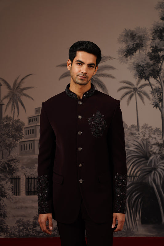 Buy online deep maroon kurta in embroidered silk fabric