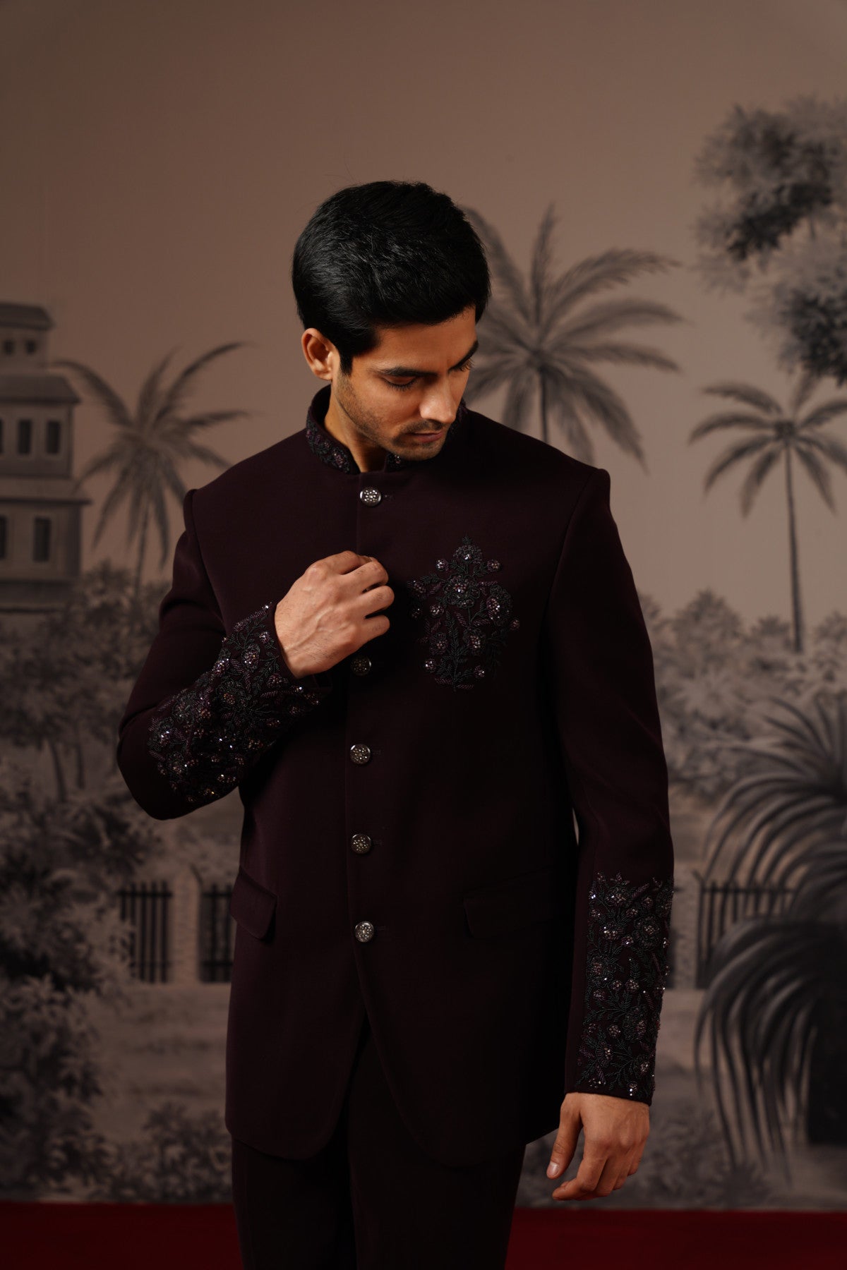 Shop kurta with waistcoat in embroidered silk fabric