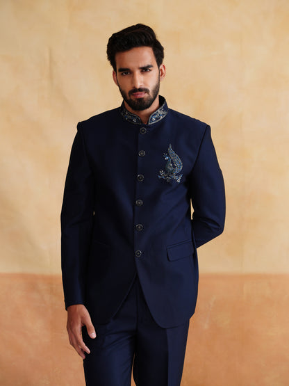 Navy Thread Embroidery Bandhgala on Terry Rayon