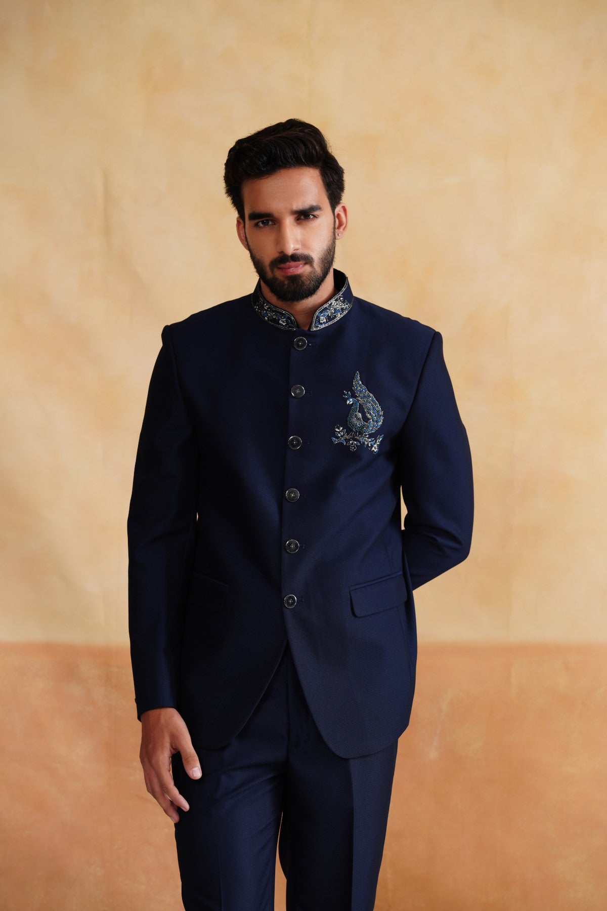 Navy Thread Embroidery Bandhgala on Suiting Fabric