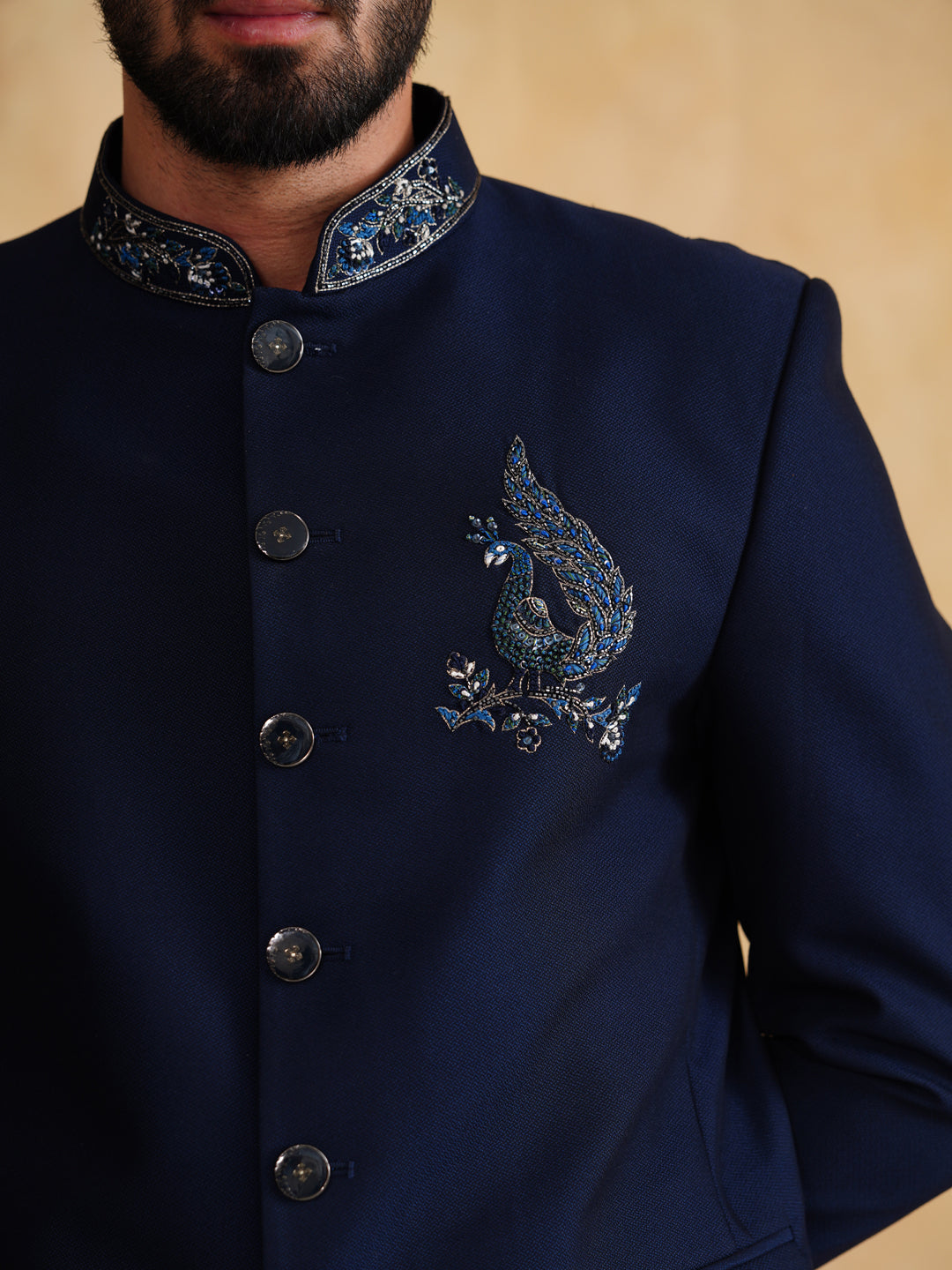 Navy Thread Embroidery Bandhgala on Terry Rayon