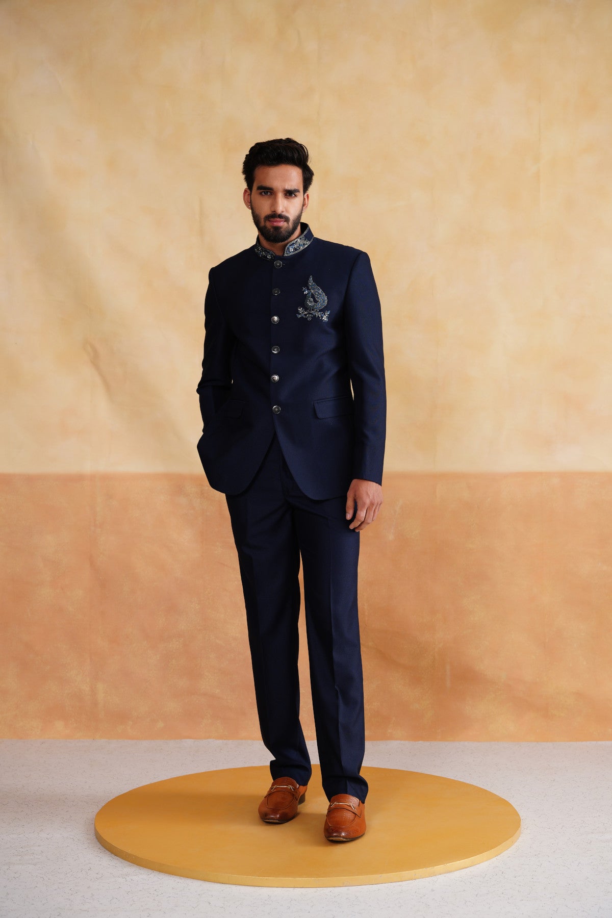 Navy Thread Embroidery Bandhgala on Suiting Fabric