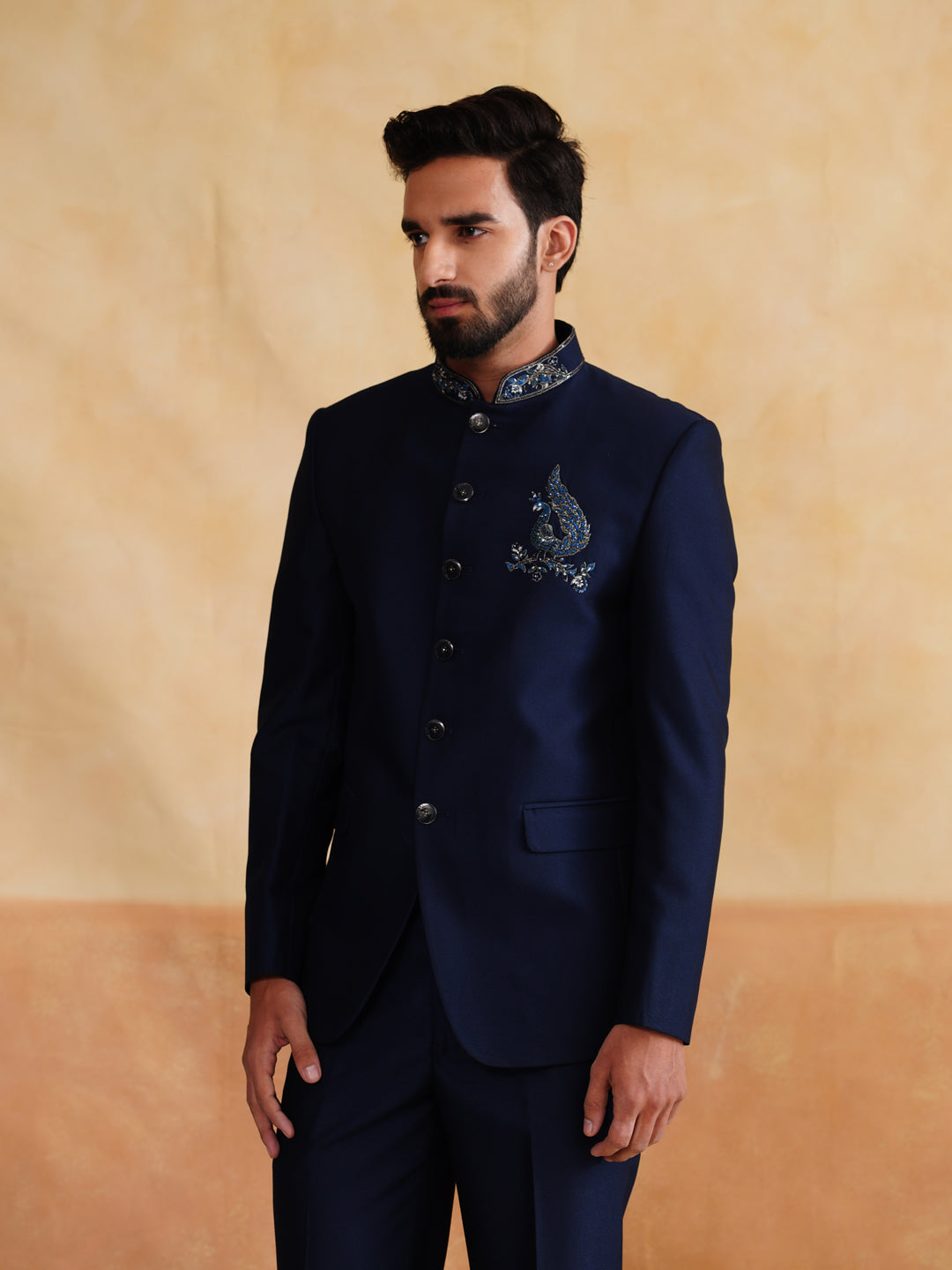 Navy Thread Embroidery Bandhgala on Terry Rayon