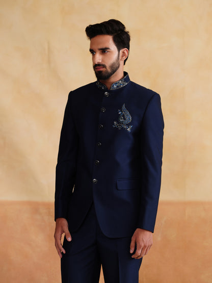 Navy Thread Embroidery Bandhgala on Terry Rayon