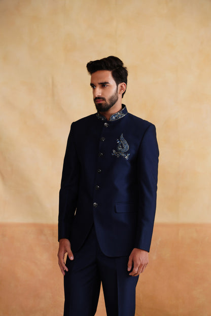 Navy Thread Embroidery Bandhgala on Suiting Fabric