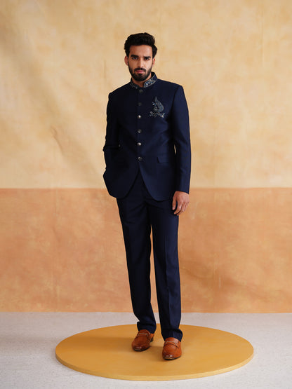 Navy Thread Embroidery Bandhgala on Terry Rayon