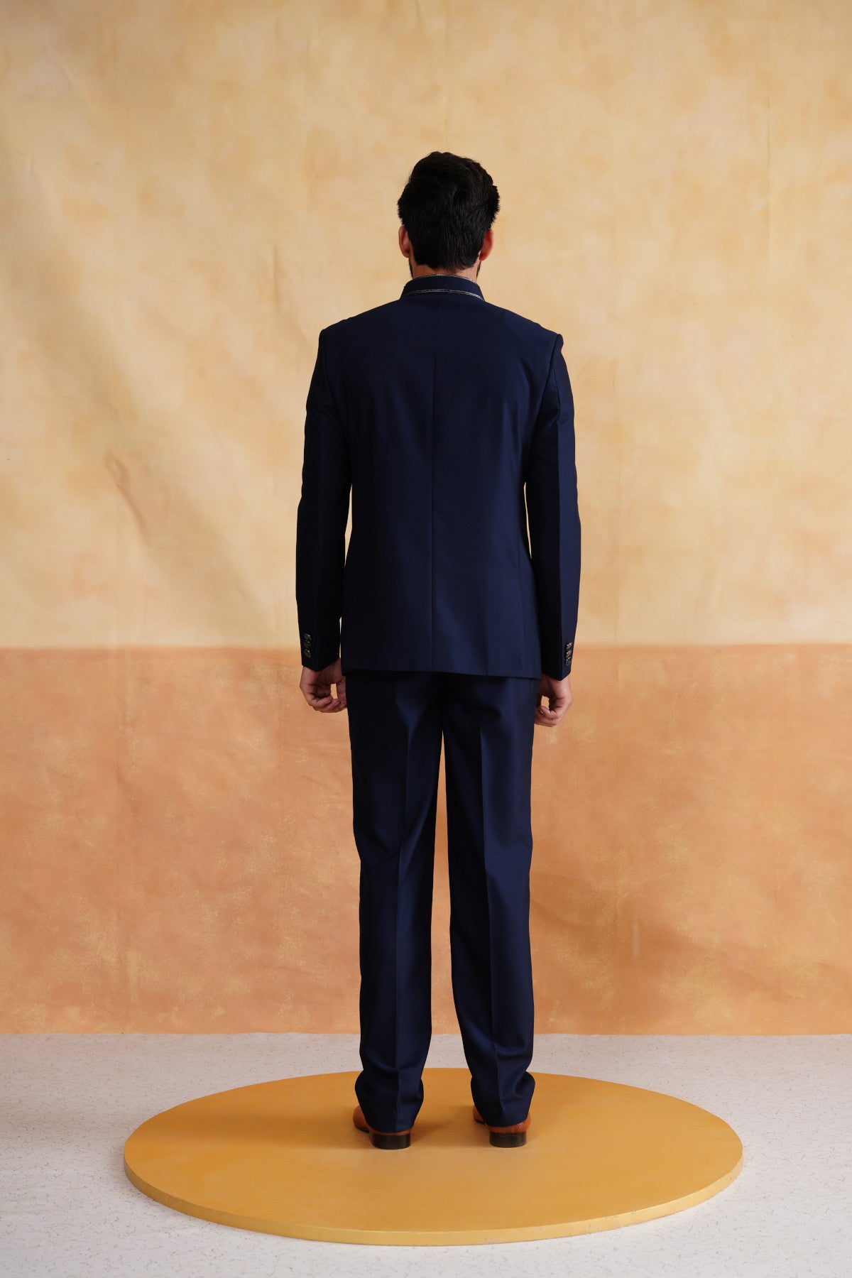 Navy Thread Embroidery Bandhgala on Suiting Fabric