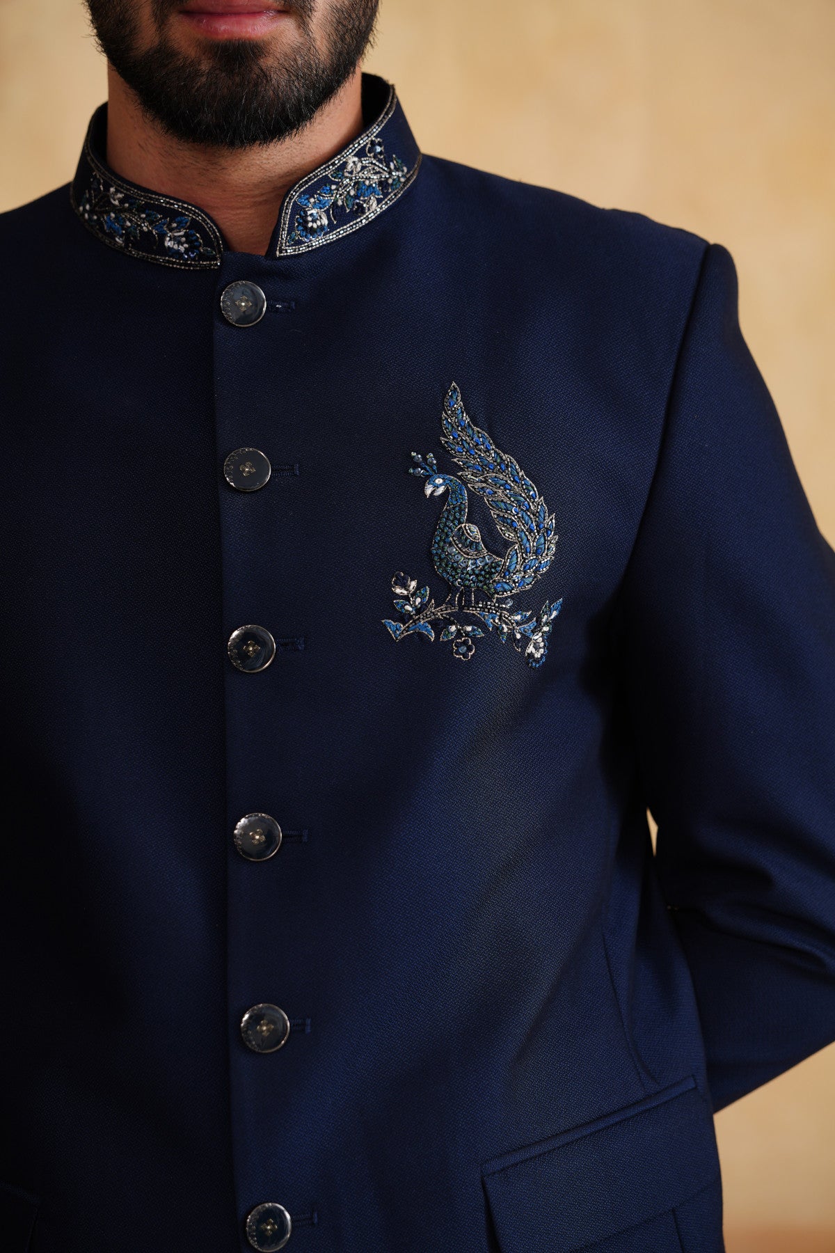 Navy Thread Embroidery Bandhgala on Suiting Fabric
