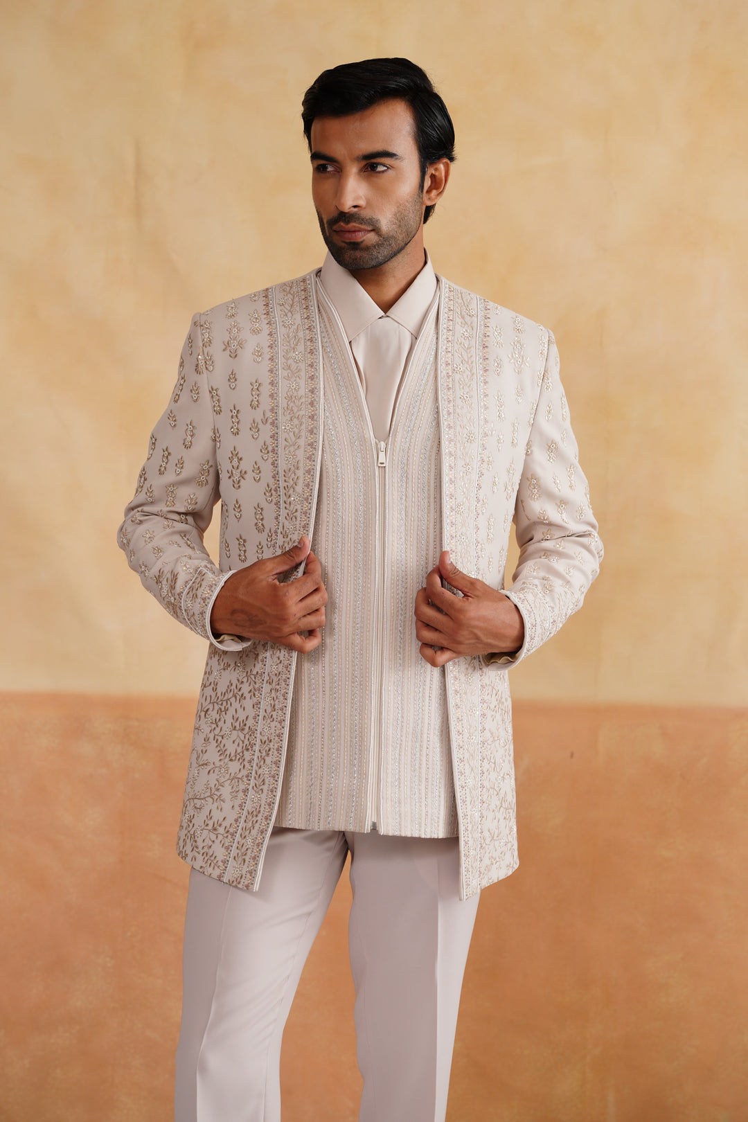 Cream Indowestern Handwork with Pearl and Thread Embroidery on Italian Fabric