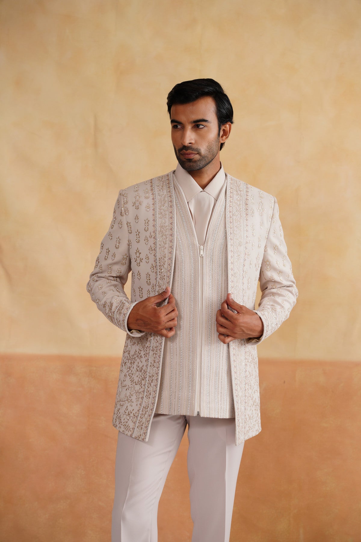 Cream Indowester with Pearl and Thread Embroidery on Italian Fabric