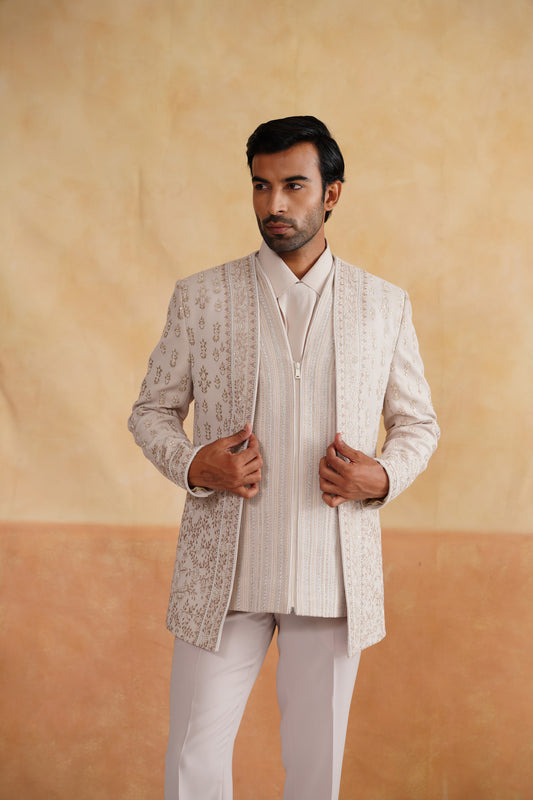 Cream Indowester with Pearl and Thread Embroidery on Italian Fabric