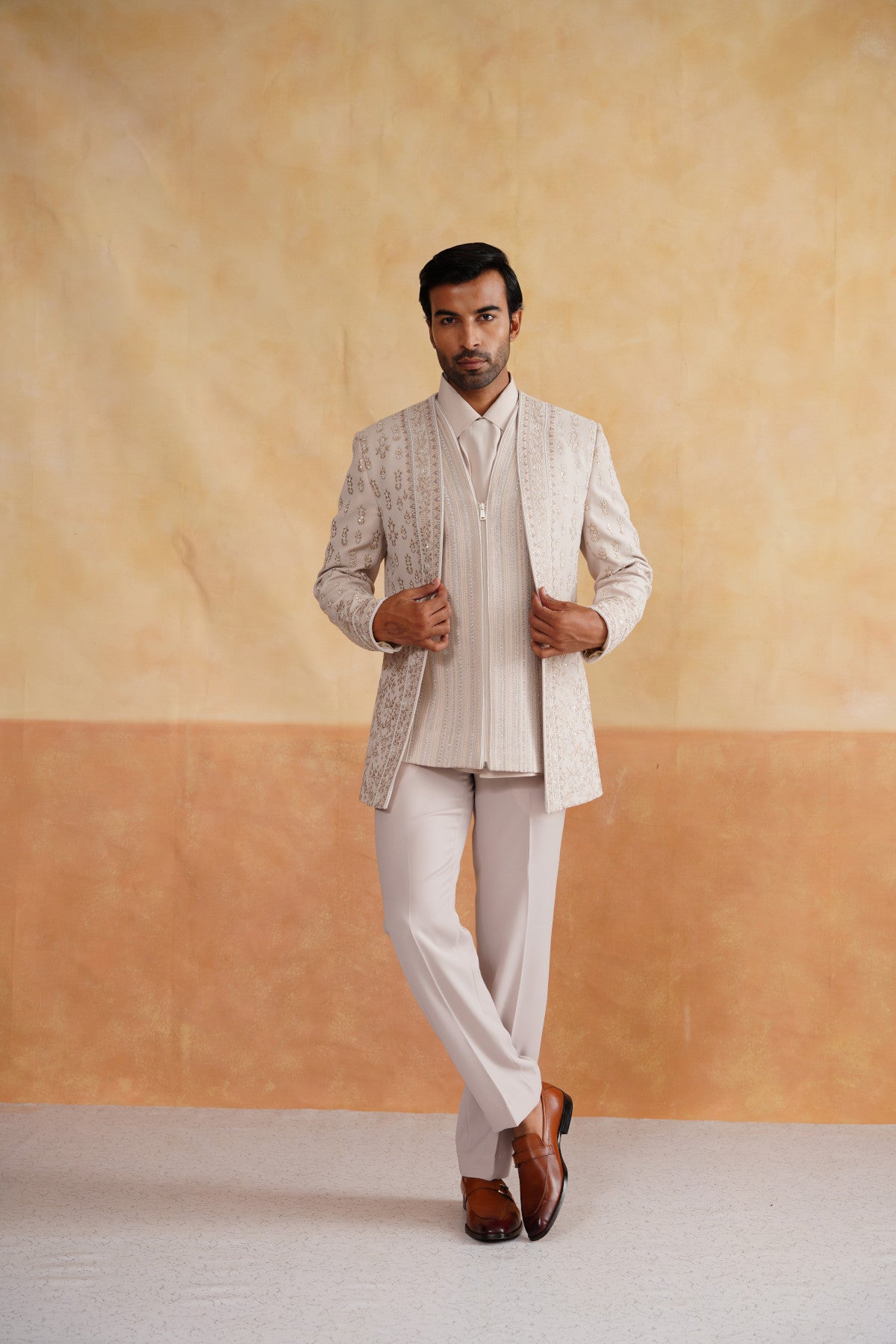 Cream Indowester with Pearl and Thread Embroidery on Italian Fabric