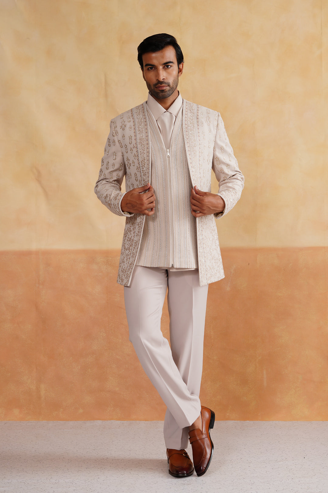 Cream Indowestern Handwork with Pearl and Thread Embroidery on Italian Fabric